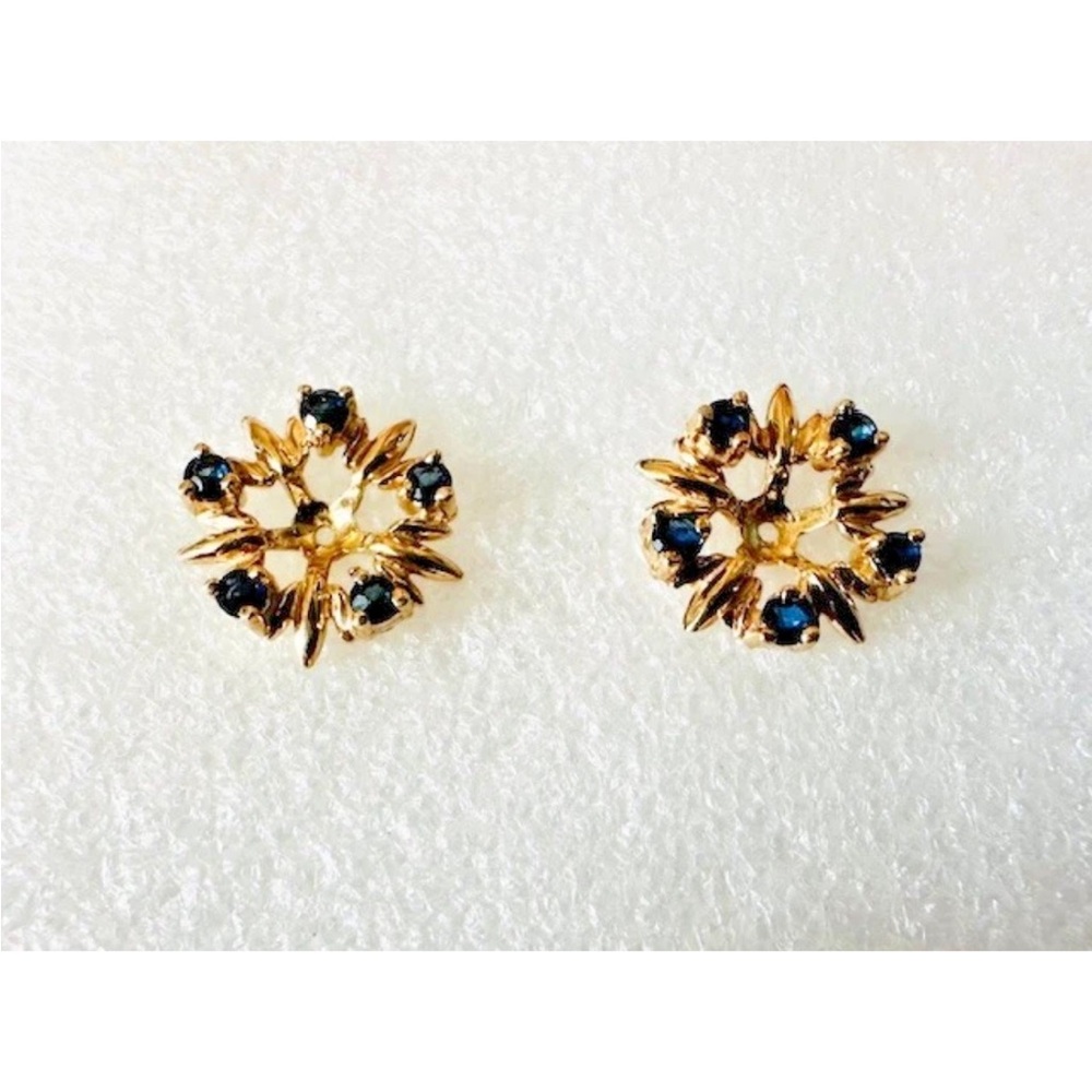 Estate 14K Yellow Gold Sapphire Stud Earring "Flower" Jackets - Picture 2 of 8